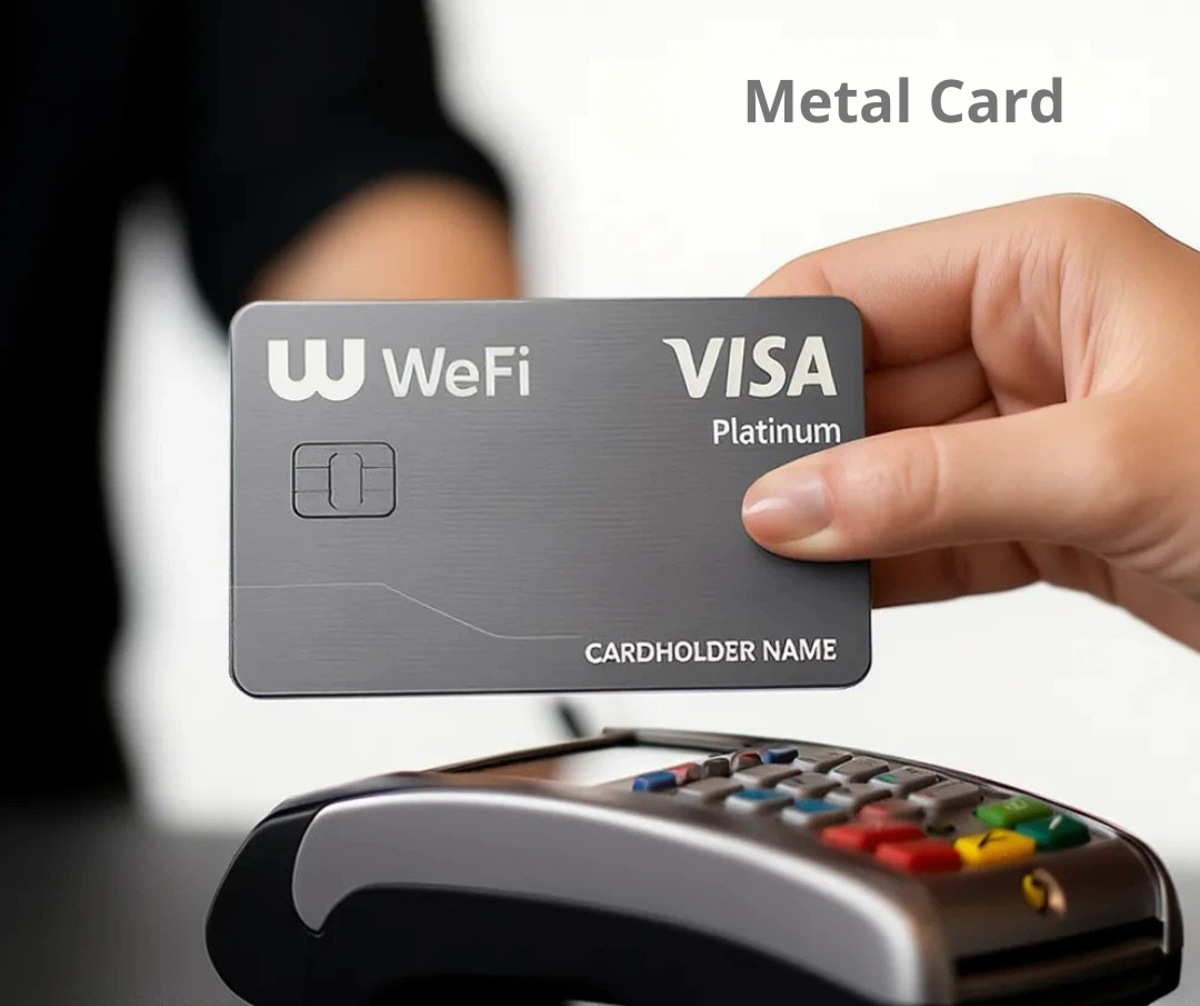 Premium metal WeFi VISA card for cryptocurrency payments.